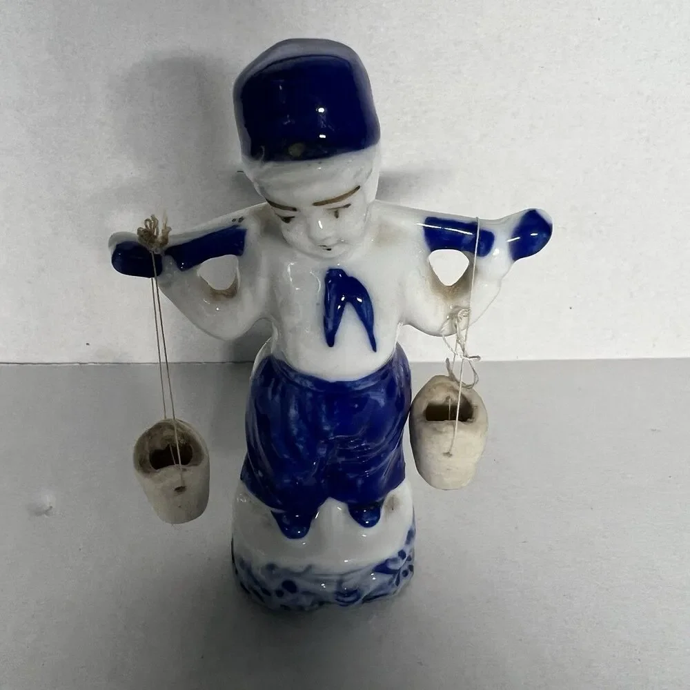 Vtg Blue White Porcelain Chinese Water Boy Figurine Yoke Buckets Japan MCM